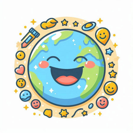 Cute cartoon earth character. Vector illustration of happy planet earth.のイラスト素材