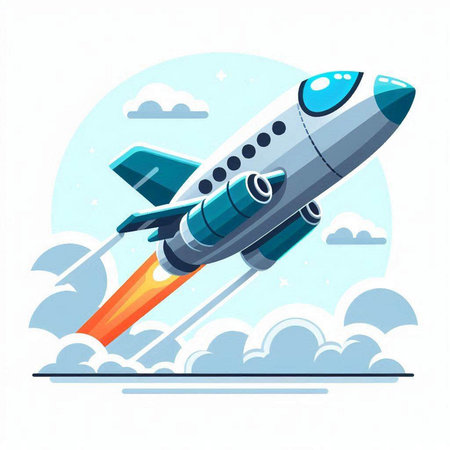 Rocket in the sky. Vector illustration in flat style. Isolated on white background.のイラスト素材