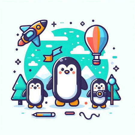 Cute penguin character with rocket, hot air balloon, star and forest. Vector illustrationのイラスト素材