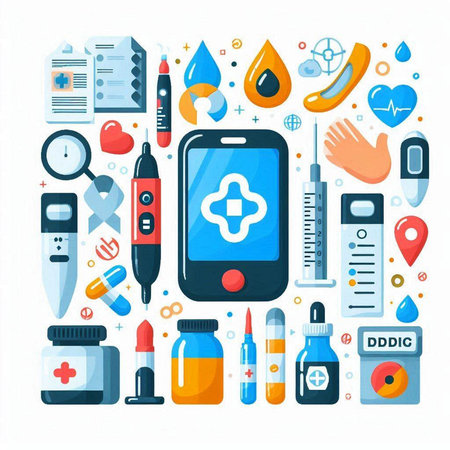 Medical and healthcare flat icons set with smartphone, blood test and doctor tools isolated vector illustrationのイラスト素材