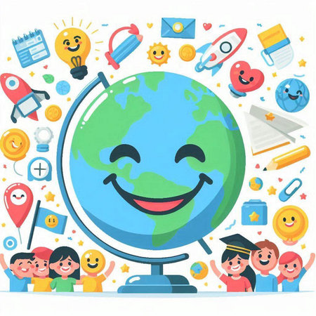 Vector illustration of happy school children with globe, books, stationery and rocket.のイラスト素材