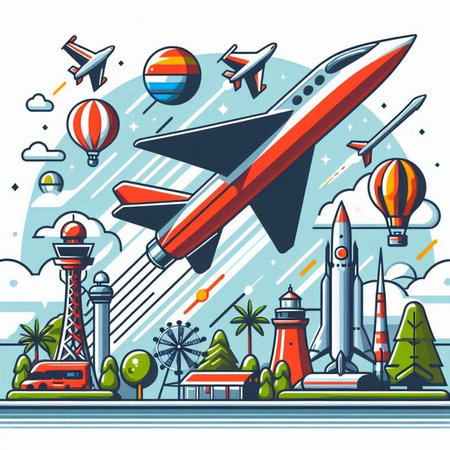 Vector illustration of a flying airplane with airplanes in the sky. The concept of travel and tourism.のイラスト素材