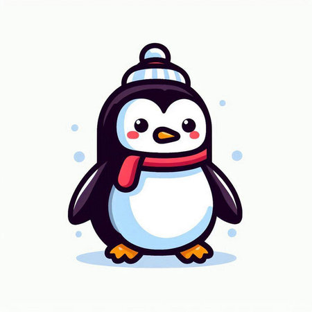 Cute cartoon penguin with scarf and hat, vector illustration.のイラスト素材