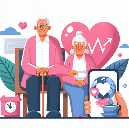 Elderly couple in love sitting on a bench in the living room. Flat vector illustration.のイラスト素材