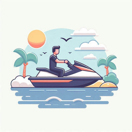 Man riding a jet ski on the beach. Vector illustration in flat styleのイラスト素材