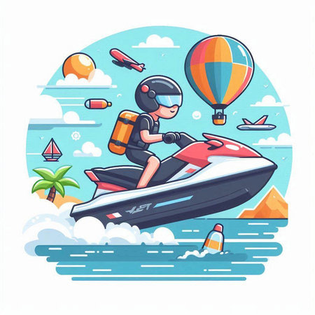 Water sport. Man riding jet ski on tropical island. Vector illustrationのイラスト素材