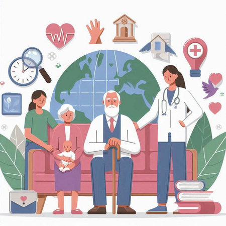 Nurse and doctor with elderly man and child. Concept of healthcare and medicine.のイラスト素材