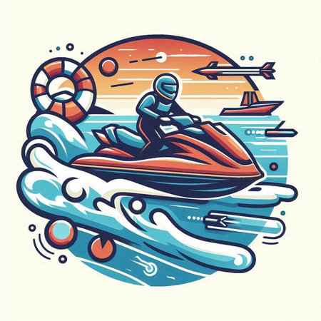 Water scooter on the background of the sea. Vector illustration.のイラスト素材
