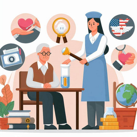 Flat vector illustration of a doctor checking the blood pressure of a patient.のイラスト素材
