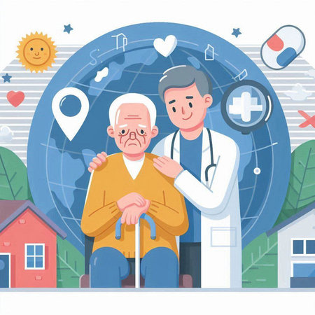 Vector illustration of an elderly man visiting a doctor in the hospital.のイラスト素材