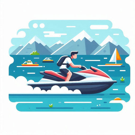 Man riding jet ski on the lake. Vector illustration in flat styleのイラスト素材
