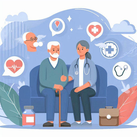 Old people healthcare concept. Old man and woman with medicine. Vector illustrationのイラスト素材