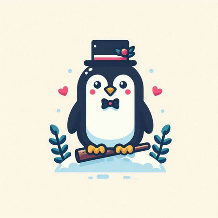 Cute penguin in a hat and bow tie with a branch. Vector illustration.のイラスト素材