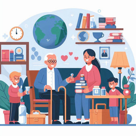 Happy Grandparents with Grandchildren in Living Room. Vector Illustrationのイラスト素材