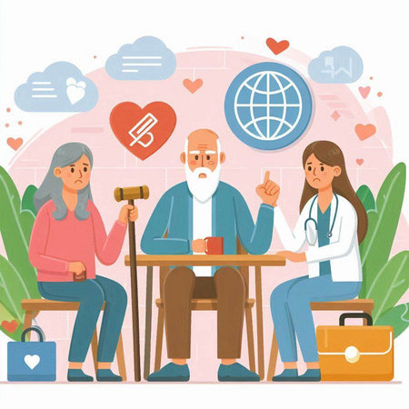 Elderly couple sitting at table, talking with doctor. Flat vector illustration.のイラスト素材