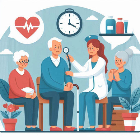 Elderly people in nursing home. Old people and doctor. Vector illustrationのイラスト素材