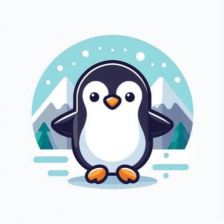 Penguin in the snow. Vector illustration in flat style.のイラスト素材