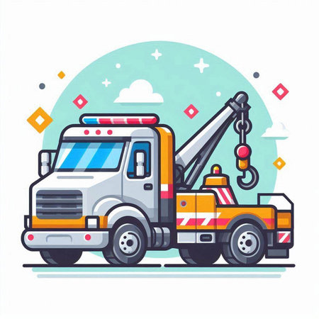 Crane truck. Vector illustration in flat style. Isolated on white background.のイラスト素材