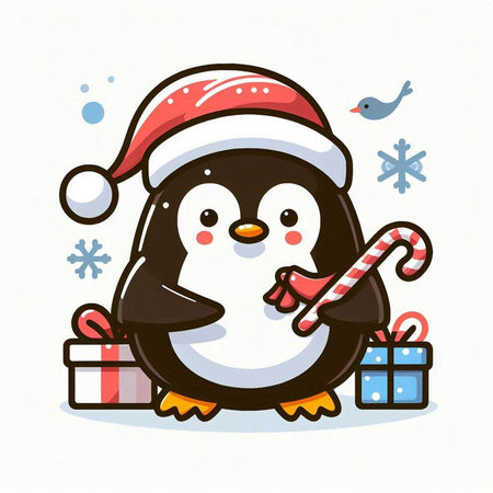 Cute penguin with christmas gifts and candy cane vector illustrationのイラスト素材