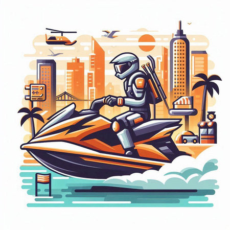 Man on a jet ski on the background of the city. Vector illustration.のイラスト素材