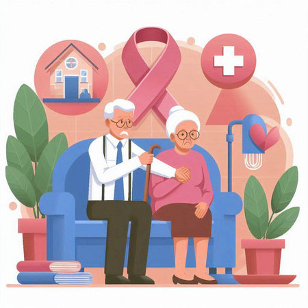 Breast Cancer Awareness Poster with Elderly Couple Sitting on Sofa with Pink Ribbon. Vector Illustrationのイラスト素材
