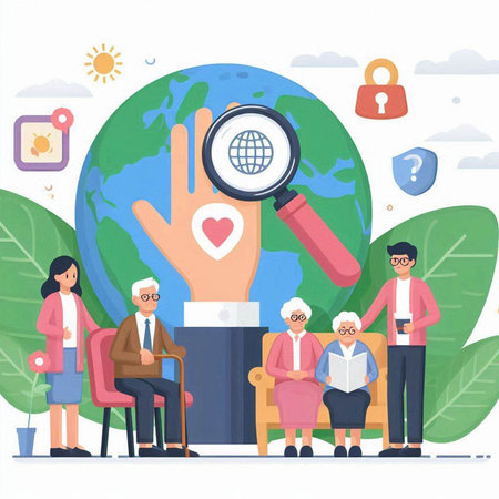 Elderly people and social media icons. Flat vector illustration.のイラスト素材