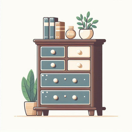 Vector illustration of a chest of drawers with books and plants.のイラスト素材