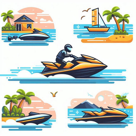 Set of vector illustrations of jet ski and water scooter on the beachのイラスト素材