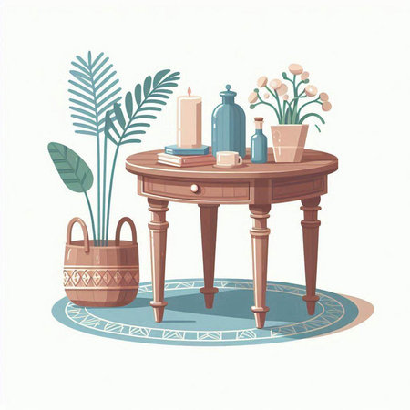 Vector illustration of a table with cosmetics and plants. Interior design.のイラスト素材