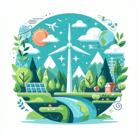 Ecology concept with wind turbines, solar panels, solar panels and mountains. Vector illustration in flat style.のイラスト素材