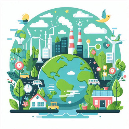Ecology concept with green planet, trees and buildings. Vector illustrationのイラスト素材
