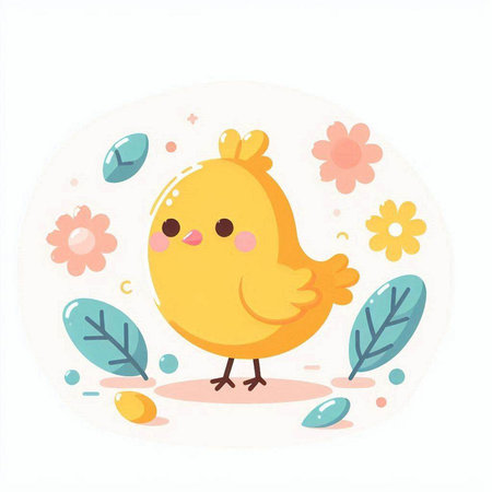 Cute little yellow chick with flowers and eggs. Vector illustration.のイラスト素材