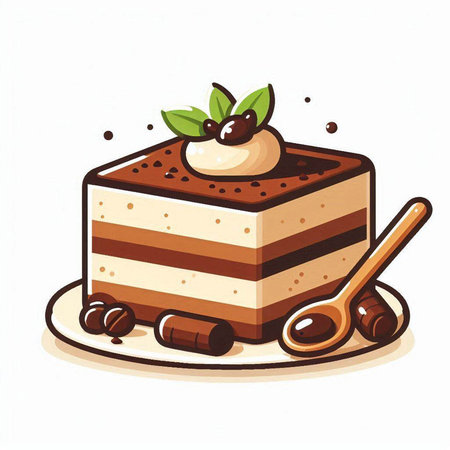 Illustration of a chocolate cake on a plate with spoon and coffee beansのイラスト素材