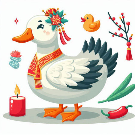 Vector illustration of a cute duck with a wreath on his headのイラスト素材