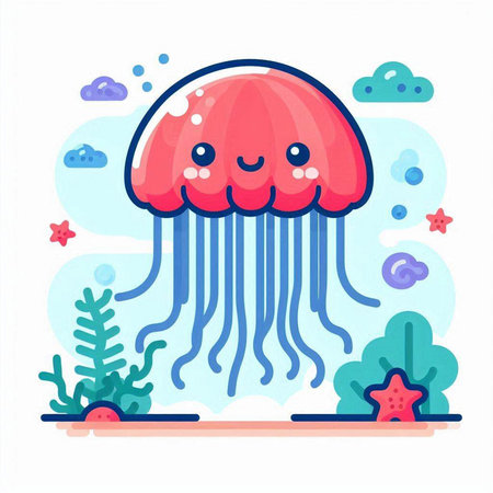 Cute jellyfish in the sea. Vector illustration in flat styleのイラスト素材