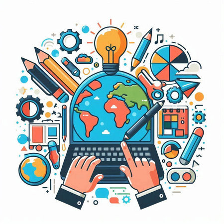 Flat design vector illustration concept of online education, distance learning, back to school. Laptop, globe, pencils, light bulb, calculator, stationery and other items.のイラスト素材