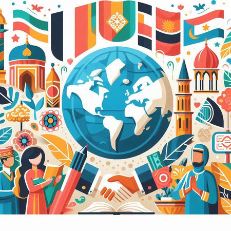 Vector illustration of Ramadan Kareem islamic religious symbols around the globe.のイラスト素材