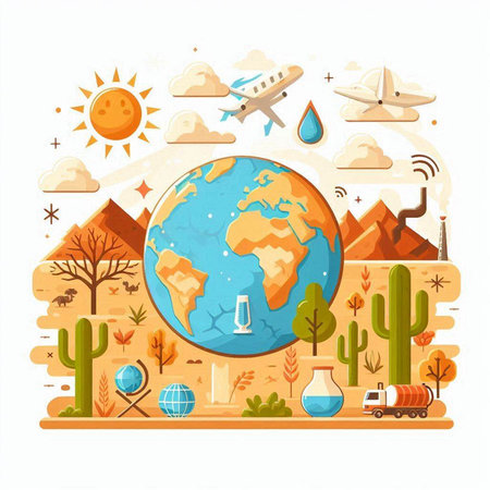 Vector illustration of World environment day concept in flat style. Earth globe, plane, cactus, world map and other icons.のイラスト素材