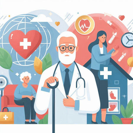 Doctor in hospital with stethoscope and medical staff. Vector illustrationのイラスト素材