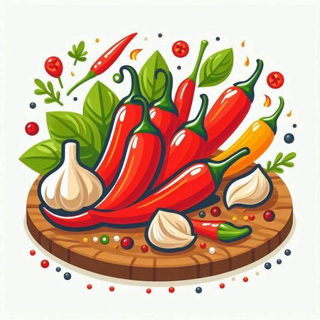 Red hot chili peppers with garlic and herbs on a wooden board. Vector illustrationのイラスト素材