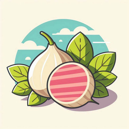 Garlic and onion on a background of the sky. Vector illustrationのイラスト素材