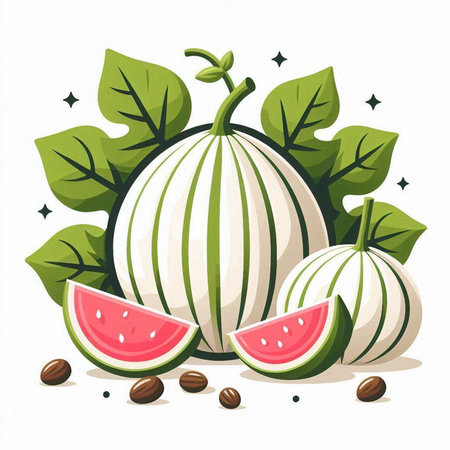 Whole and half watermelons with leaves. Vector illustration.のイラスト素材