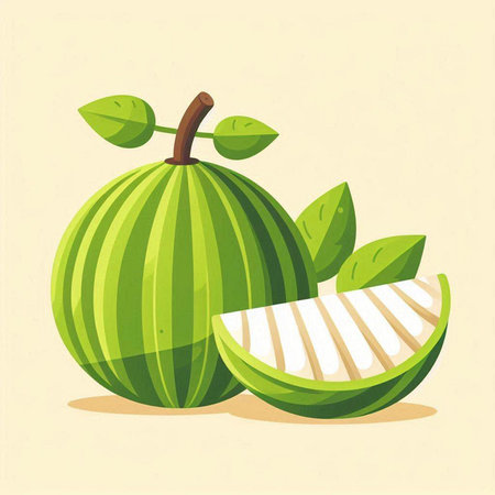 Vector illustration of whole and half watermelons with green leaves.のイラスト素材