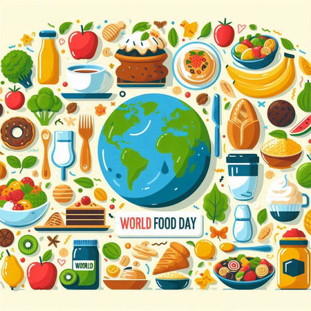 World food day poster with healthy food in flat style. Vector illustrationのイラスト素材