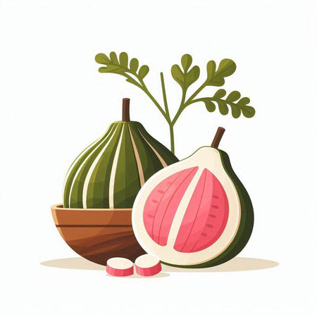Illustration of figs in a wooden bowl. Vector illustration.のイラスト素材