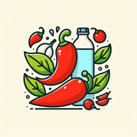 Chilli pepper and olive oil in bottle. Hand drawn vector illustration.のイラスト素材