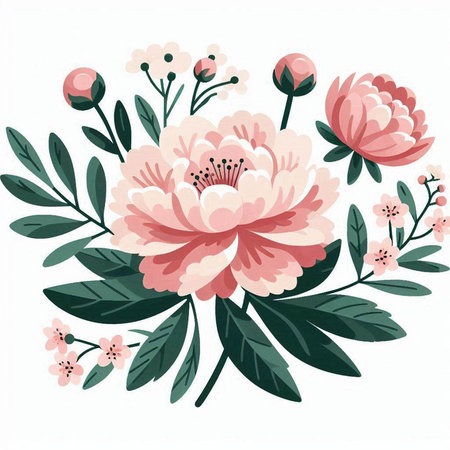 Floral card with peony flower and leaves. Vector illustration.のイラスト素材