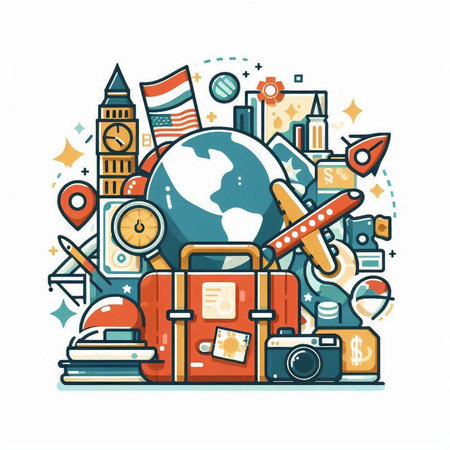 Travel around the world. Vector illustration in line art style. Elements for web designのイラスト素材