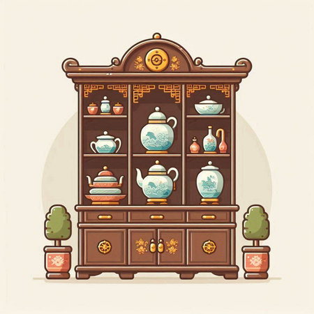 Vintage cupboard with cups and teapots. Vector illustration.のイラスト素材