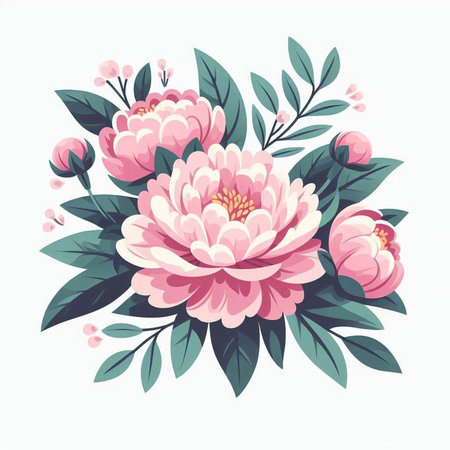 Pink peony flower bouquet with green leaves. Vector illustration.のイラスト素材